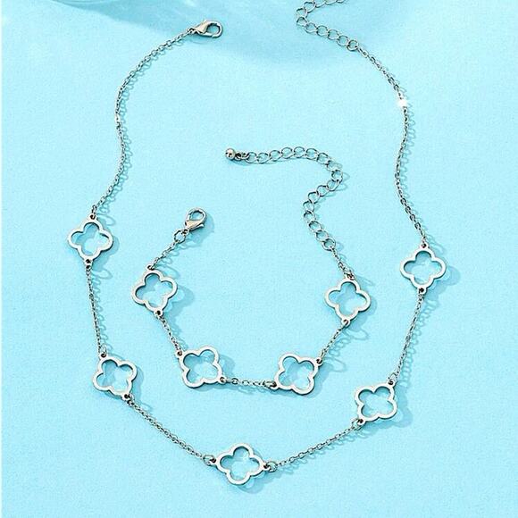 Silver Four Leaf Hollow Out Necklace Bracelet Matching Set - Picture 2 of 4